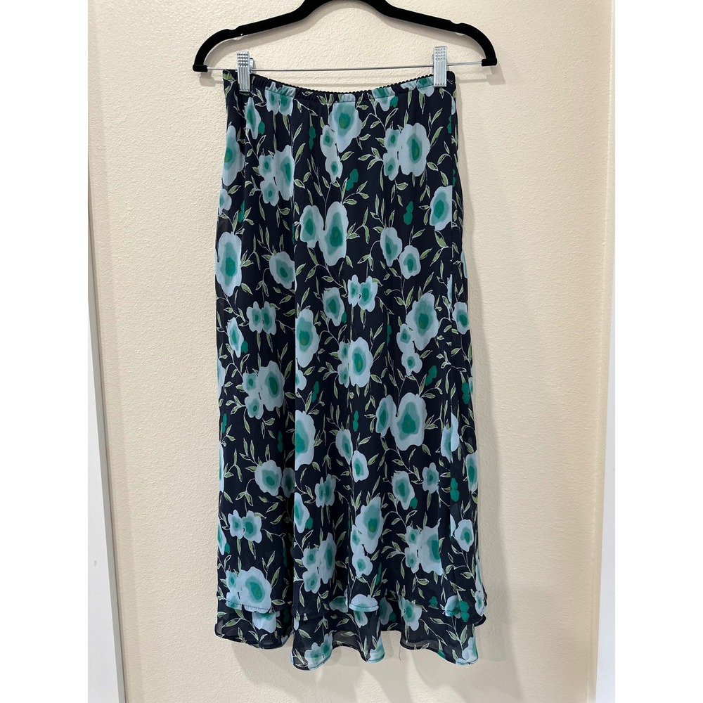 East 5th Womens Blue Green Floral Chiffon Midi Skirt Size 6 Layered Navy Boho